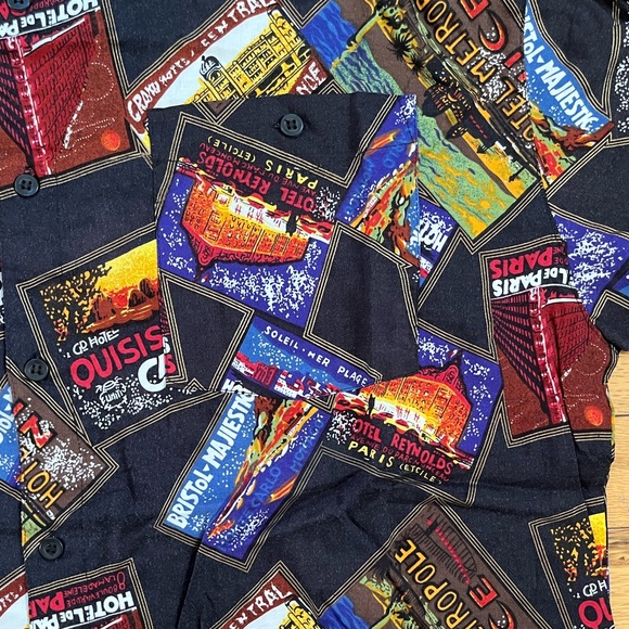 VTG NWOT Perruzo Button Shirt Rayon AOP All Over France Paris Capri Hawaiian 90s - Picture 3 of 9